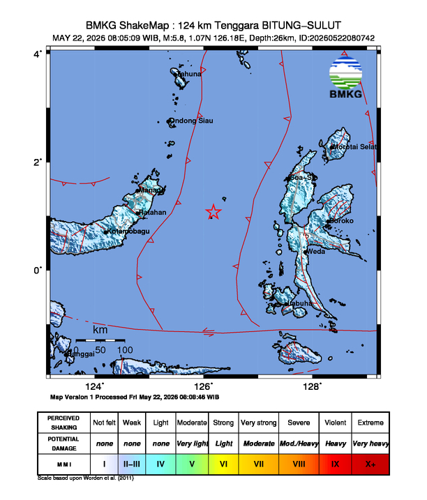 Gempa Magnitudo 5.8, 124km dari Tenggara BITUNG-SULUT