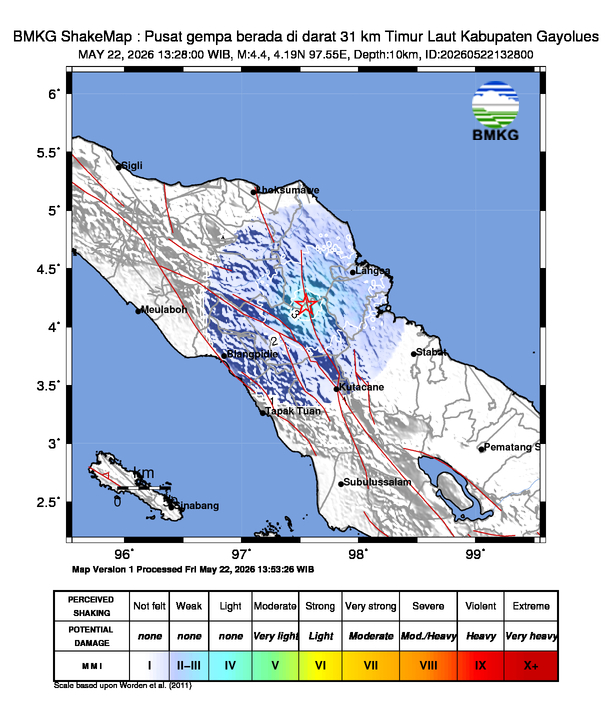Gempa Magnitudo 4.4, 31km dari Timur Laut Kabupaten Gayolues