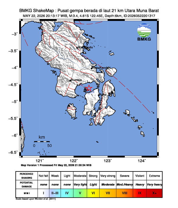 Gempa Magnitudo 3.4, 21km dari Utara Muna Barat