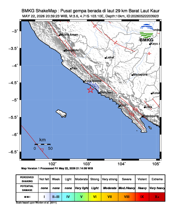 Gempa Magnitudo 3.6, 29km dari Barat Laut Kaur