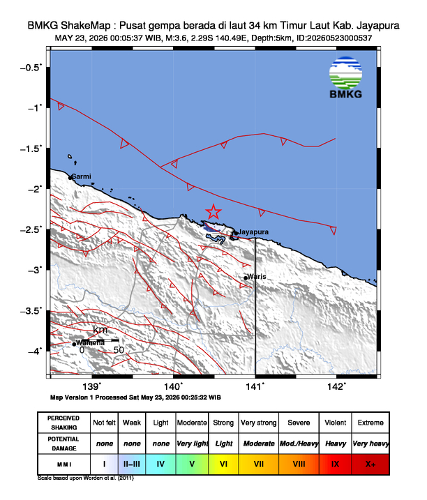 Gempa Magnitudo 3.6, 34km dari Timur Laut Kab. Jayapura
