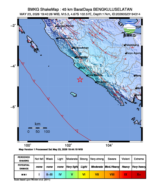 Gempa Magnitudo 5.3, 45km dari BaratDaya BENGKULUSELATAN