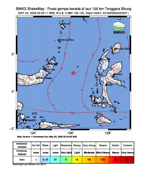 Gempa Magnitudo 4.8, 125km dari Tenggara Bitung