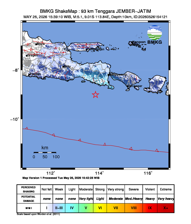 Peta gempa 93 km Tenggara JEMBER-JATIM