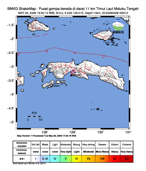 Gempa Magnitudo 3.0, 11km dari Timur Laut Maluku Tengah