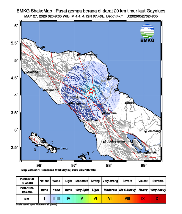 Gempa Magnitudo 4.4, 20km dari timur laut Gayolues