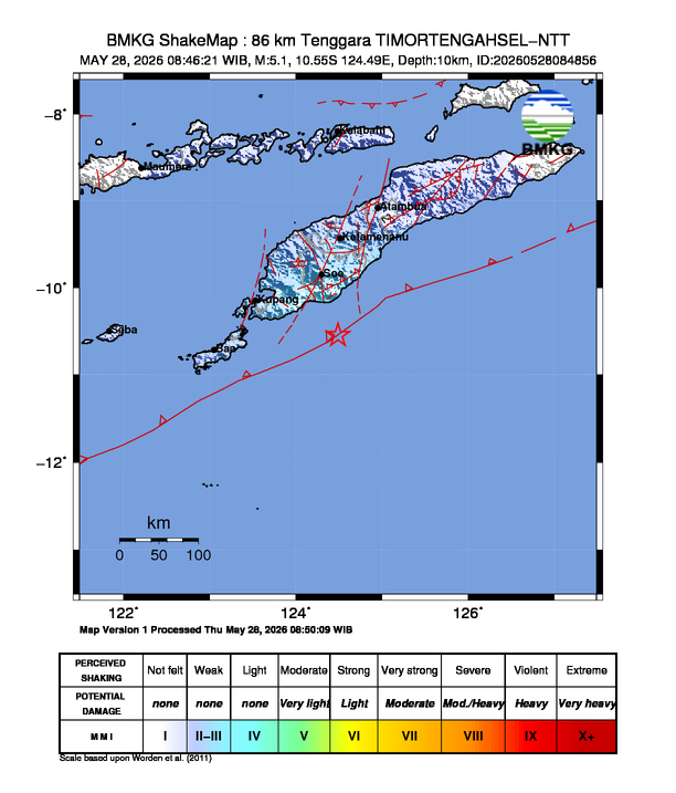 Peta gempa 86 km Tenggara TIMORTENGAHSEL-NTT