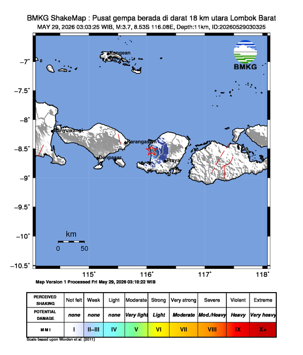 Gempa Magnitudo 3.7, 18km dari utara Lombok Barat