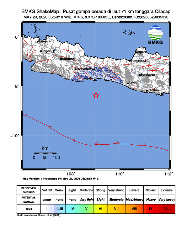 Gempa Magnitudo 4.6, 71km dari tenggara Cilacap
