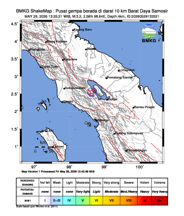 Gempa Magnitudo 3.2, 10km dari Barat Daya Samosir