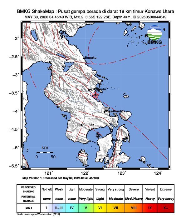 Gempa Magnitudo 3.2, 19km dari timur Konawe Utara