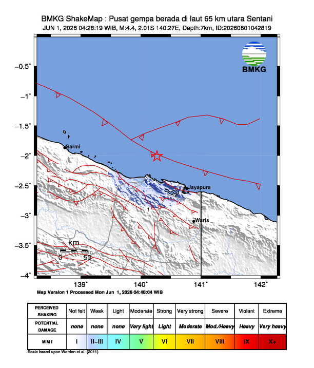 Gempa Magnitudo 4.4, 65km dari utara Sentani