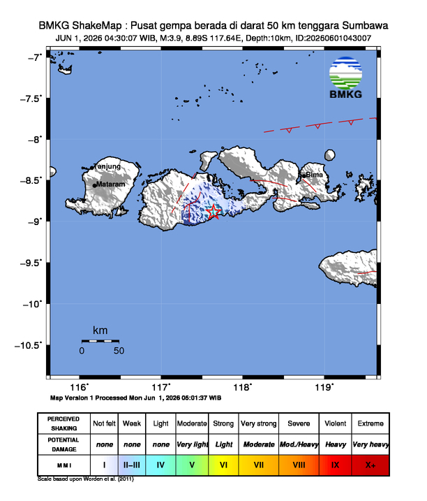 Gempa Magnitudo 3.9, 50km dari tenggara Sumbawa