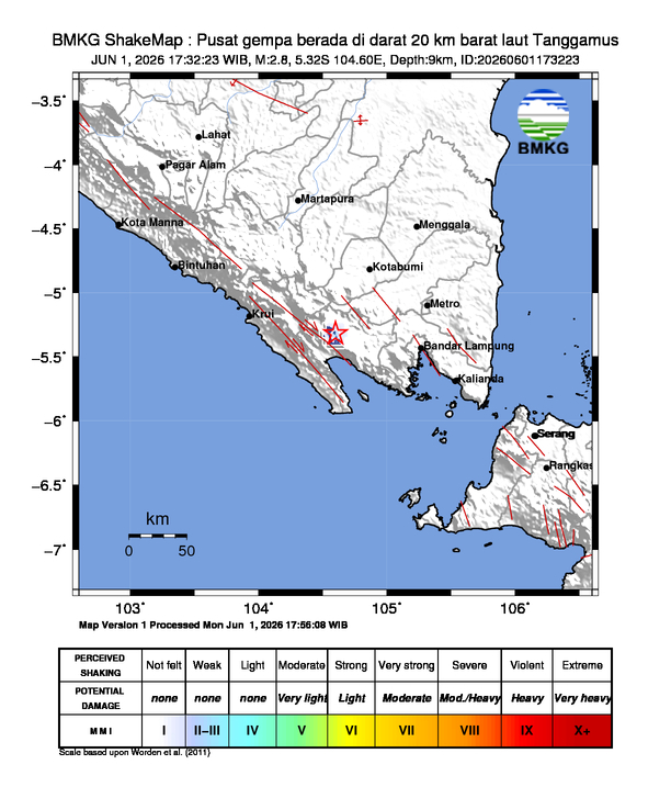 Gempa Magnitudo 2.8, 20km dari barat laut Tanggamus