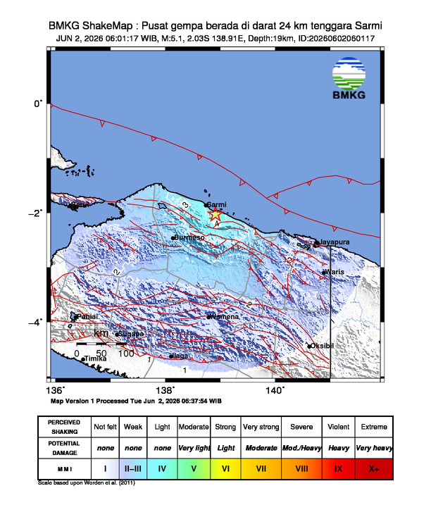 Peta gempa Pusat gempa berada di darat 24 km tenggara Sarmi