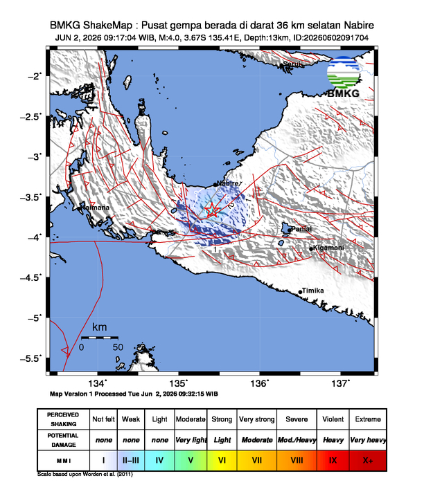 Gempa Magnitudo 4.0, 36km dari selatan Nabire