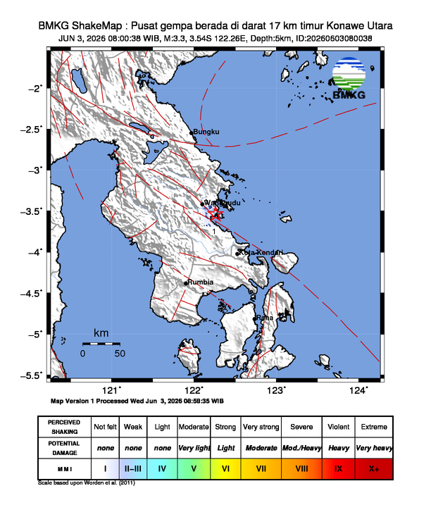 Gempa Magnitudo 3.3, 17km dari timur Konawe Utara