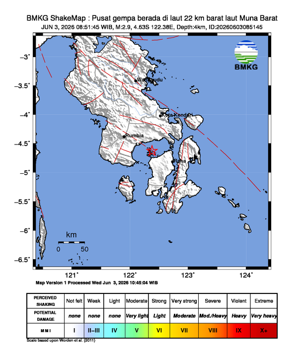 Gempa Magnitudo 2.9, 22km dari barat laut Muna Barat