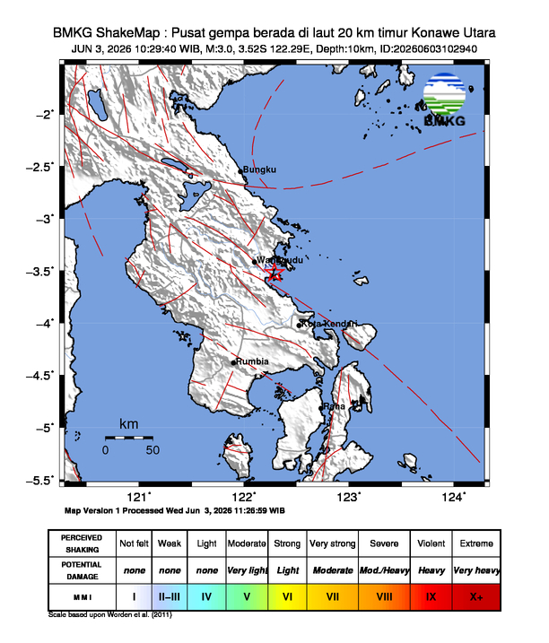 Gempa Magnitudo 3.0, 20km dari timur Konawe Utara