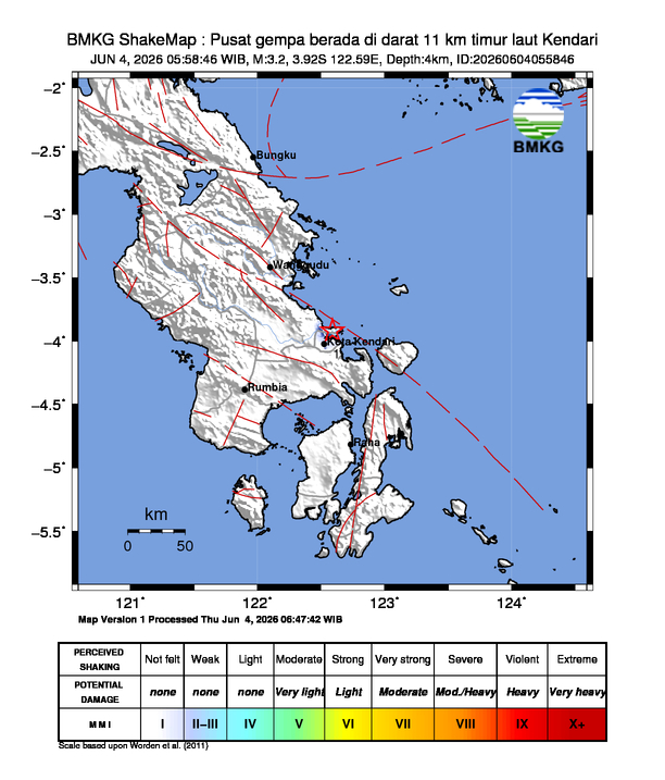 Gempa Magnitudo 3.2, 11km dari timur laut Kendari