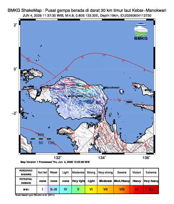 Gempa Magnitudo 4.8, 30km dari timur laut Kebar-Manokwari