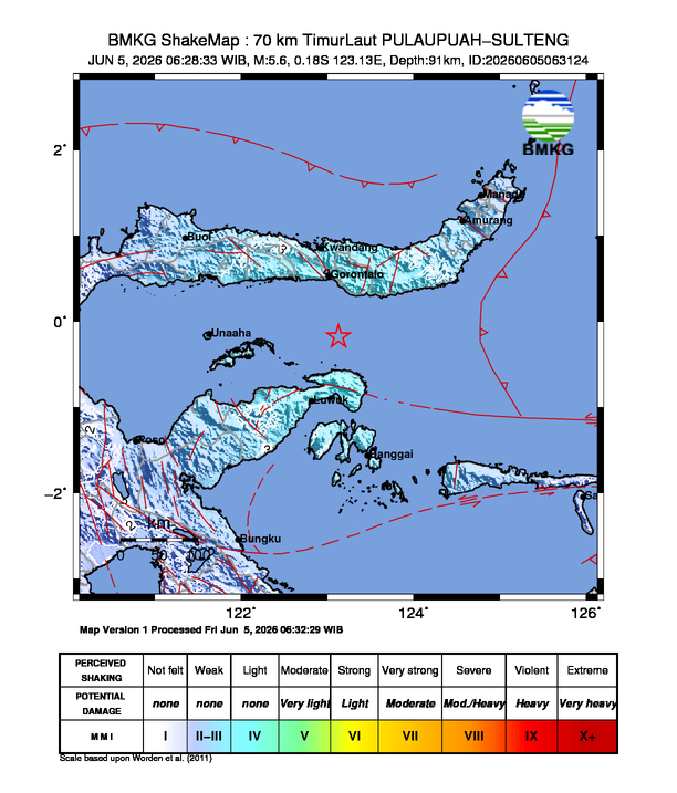 Peta gempa 70 km TimurLaut PULAUPUAH-SULTENG