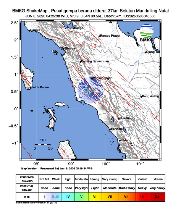 Gempa Magnitudo 3.9, Pusat gempa berada didarat 37km Selatan Mandailing Natal
