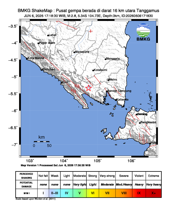 Gempa Magnitudo 2.8, 16km dari Utara Tanggamus, Lampung