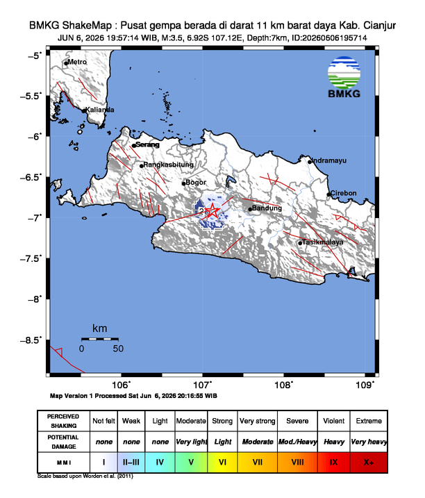 Gempa Magnitudo 3.5, 11km dari Barat Daya Cianjur, Jawa Barat