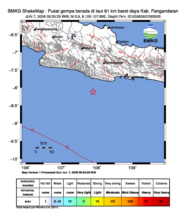 Gempa Magnitudo 3.9, 81km dari Barat Daya Pangandaran, Jawa Barat
