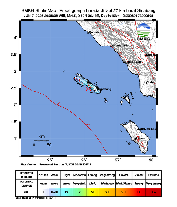 Gempa Magnitudo 4.5, 27km dari Barat Sinabang, Aceh