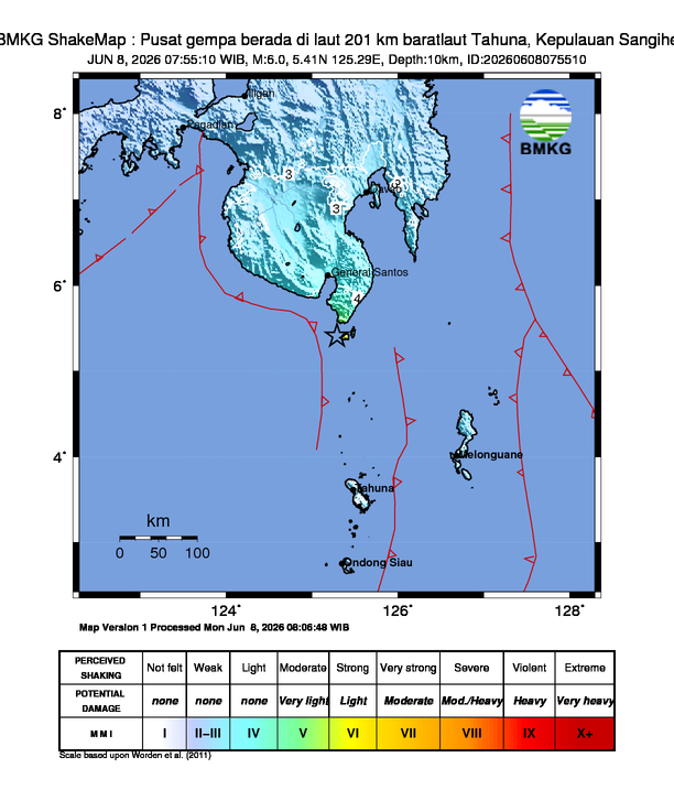 Gempa Magnitudo 6.0, 201km dari Barat Laut Tahuna, Kepulauan Sangihe, Sulawesi Utara