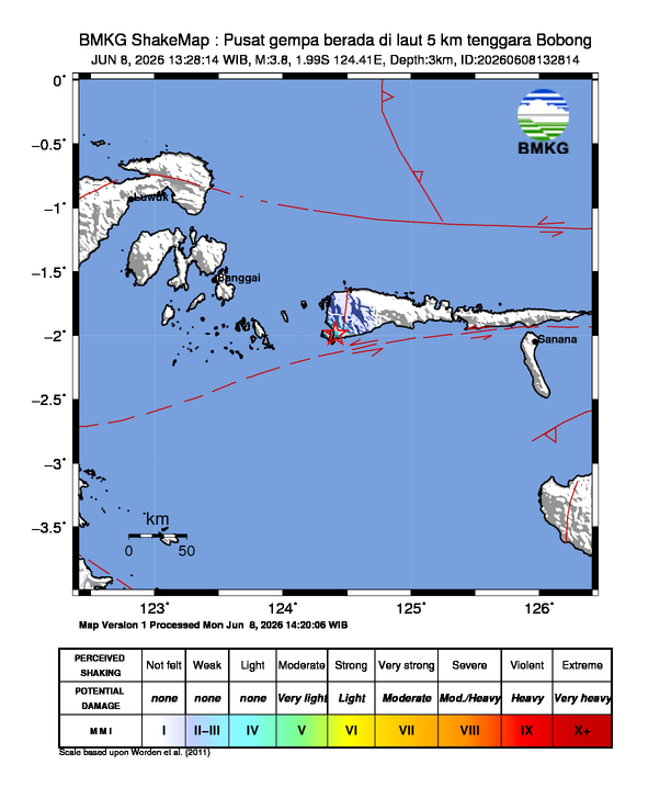 Gempa Magnitudo 3.8, 5km dari Tenggara Bobong Pulau Taliabu, Maluku Utara