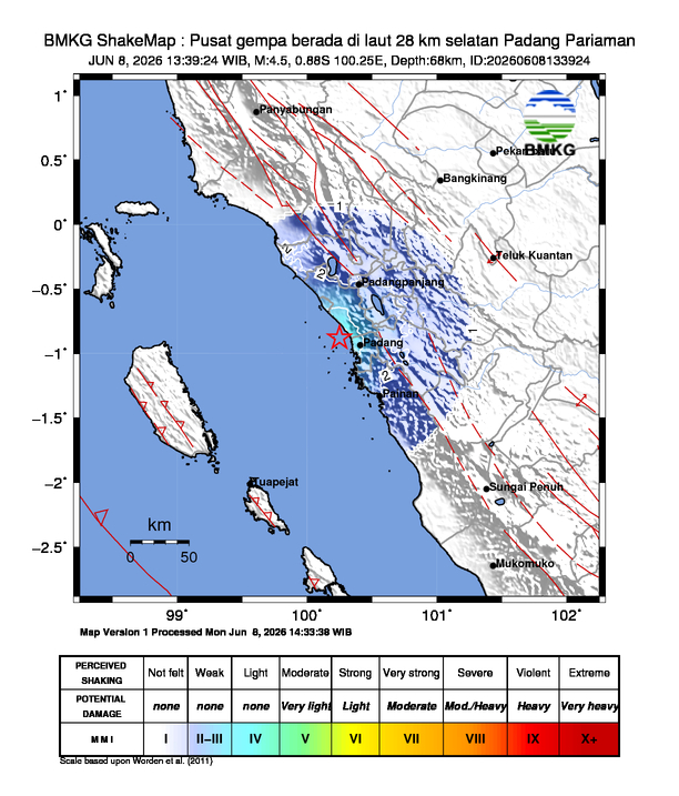 Gempa Magnitudo 4.5, 28km dari Selatan Padang Pariaman, Sumatera Barat