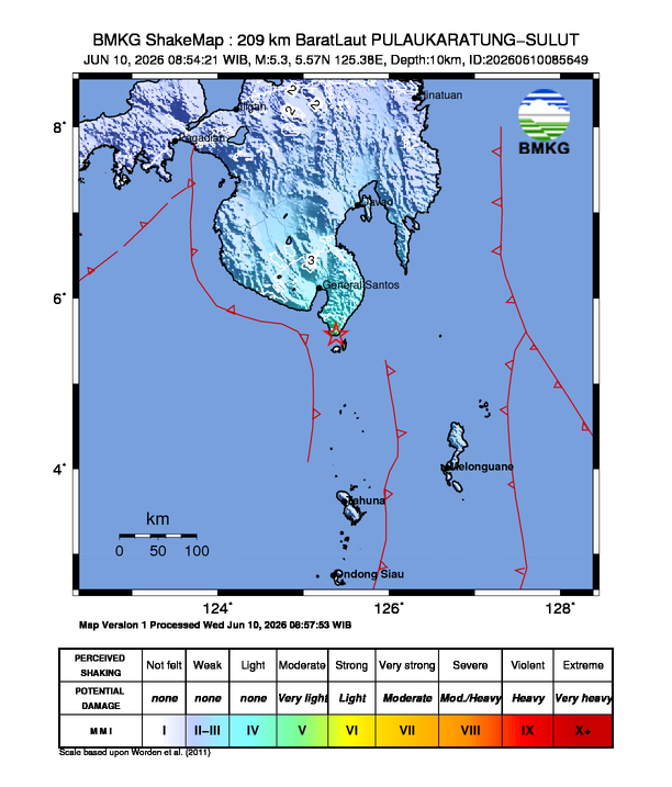 Gempa Magnitudo 5.3, 209km dari BaratLaut Pulau Karatung, Sulawesi Utara