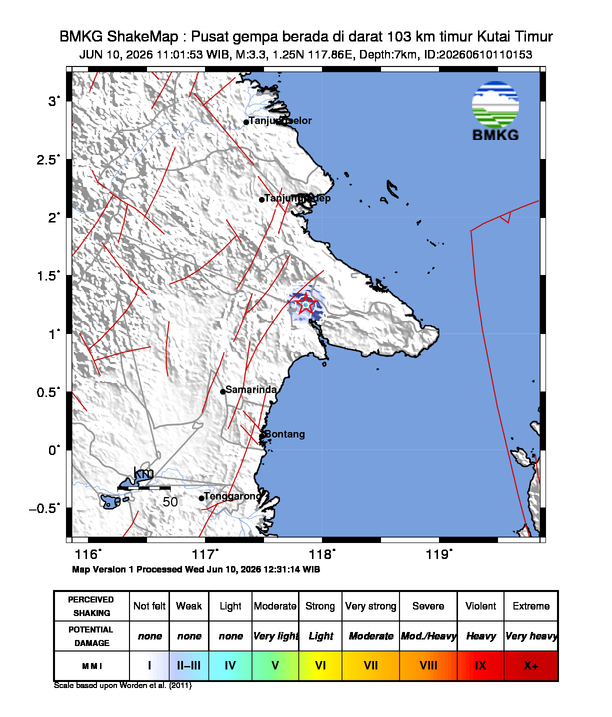 Gempa Magnitudo 3.3, 103km dari Timur Kutai Timur, Kalimantan Timur