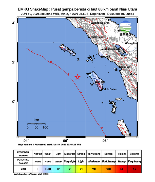 Gempa Magnitudo 4.8, 88km dari barat Nias Utara, Sumatera Utara