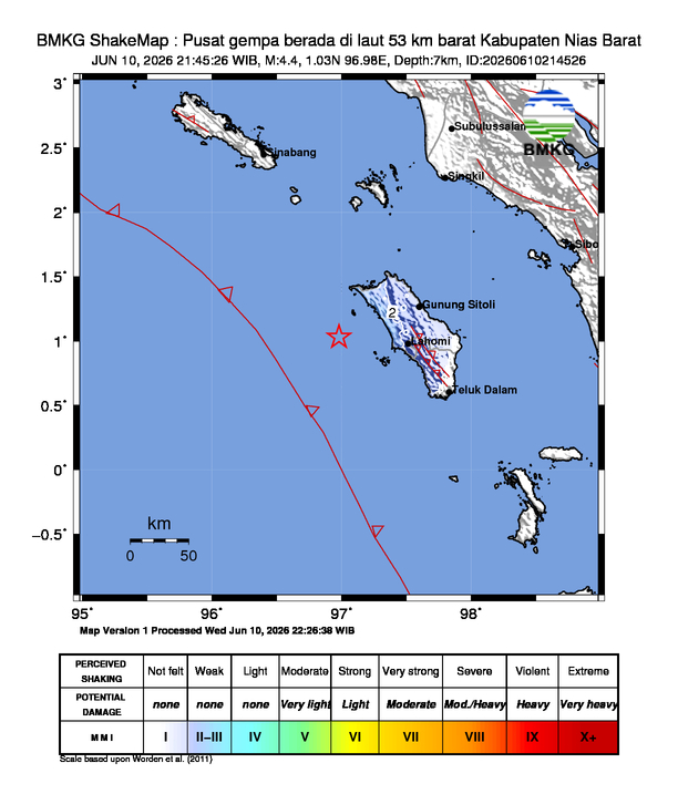 Gempa Magnitudo 4.4, 53km dari Barat Nias Barat, Sumatera Utara