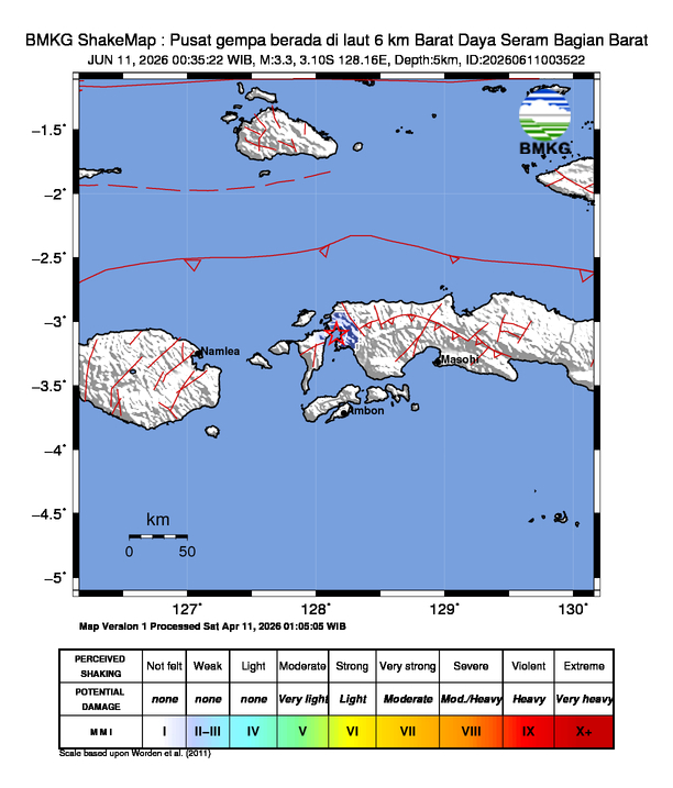 Gempa Magnitudo 3.3, 6km dari Barat Daya Seram Bagian Barat