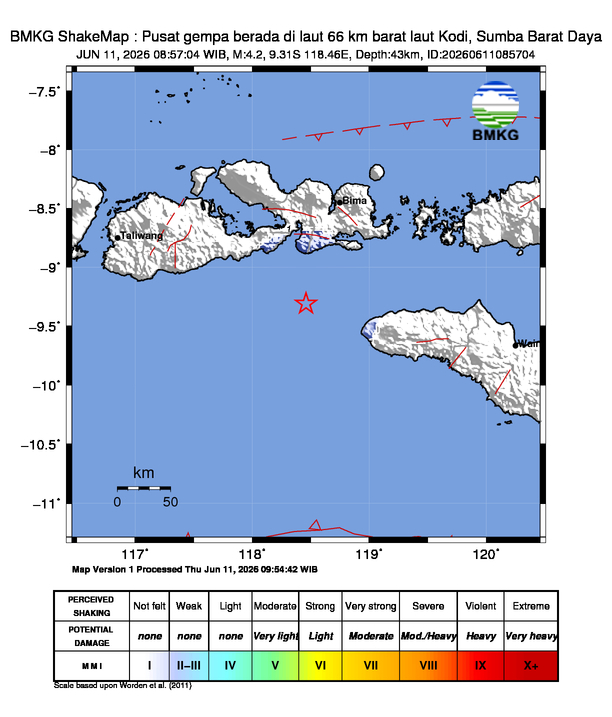 Gempa Magnitudo 4.2, 66km dari Barat Laut Kodi, Sumba Barat Daya