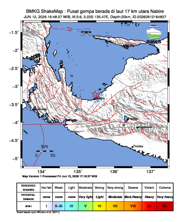 Gempa Magnitudo 3.6, 17km dari utara Nabire, Papua Tengah