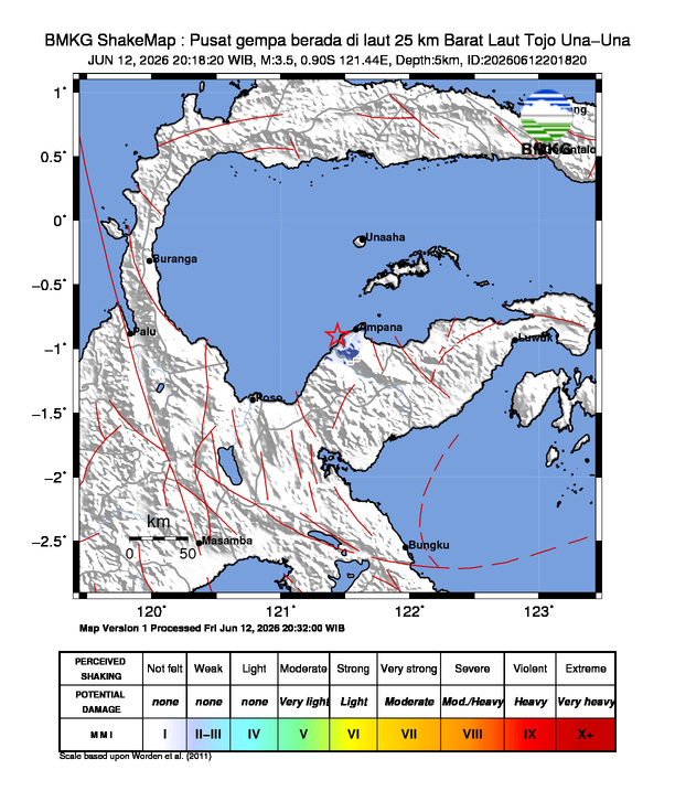 Gempa Magnitudo 3.5, 25km dari Barat Laut Tojo Una-Una, Sulawesi Tengah