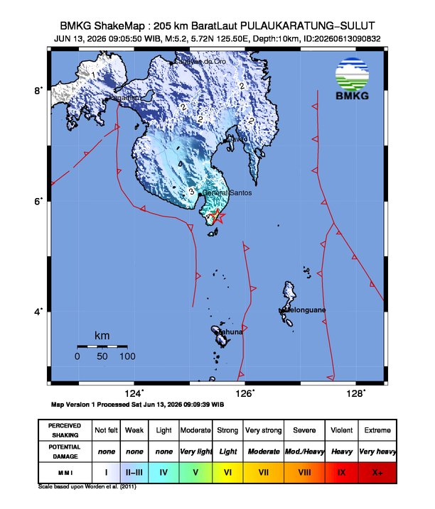 Peta gempa 205 km BaratLaut Pulau Karatung, Sulawesi Utara