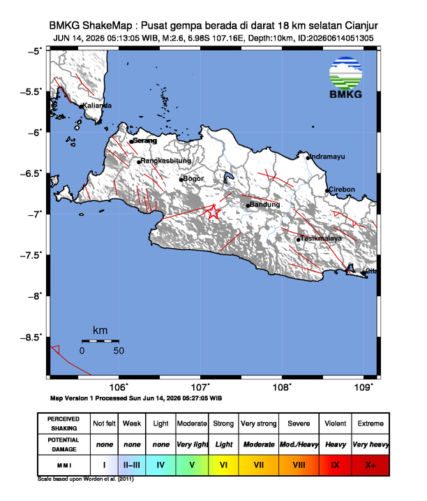 Gempa Magnitudo 2.6, 18km dari Selatan Cianjur, Jawa Barat