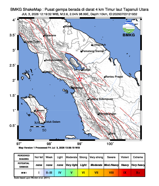 Gempa Magnitudo 2.6, 4km dari Timur laut Tapanuli Utara, Sumatera Utara