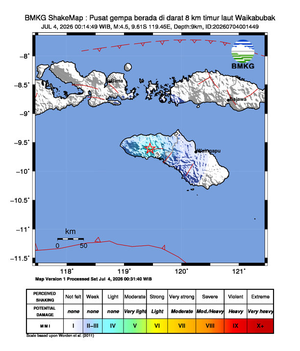 Gempa Magnitudo 4.5, 8km dari Timur laut Waikabubak, Sumba Barat, Nusa Tenggara Timur