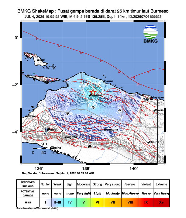 Gempa Magnitudo 4.9, 25km dari Timur laut Burmeso, Mamberamo Raya, Papua