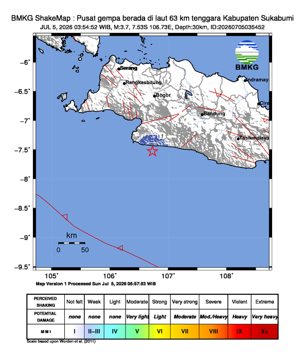 Gempa Magnitudo 3.7, 63km dari Tenggara Sukabumi, Jawa Barat