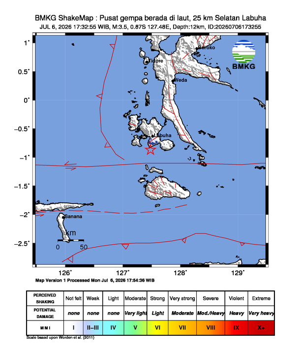 Gempa Magnitudo 3.5, 25km dari Selatan Labuha, Halmahera Selatan, Maluku Utara