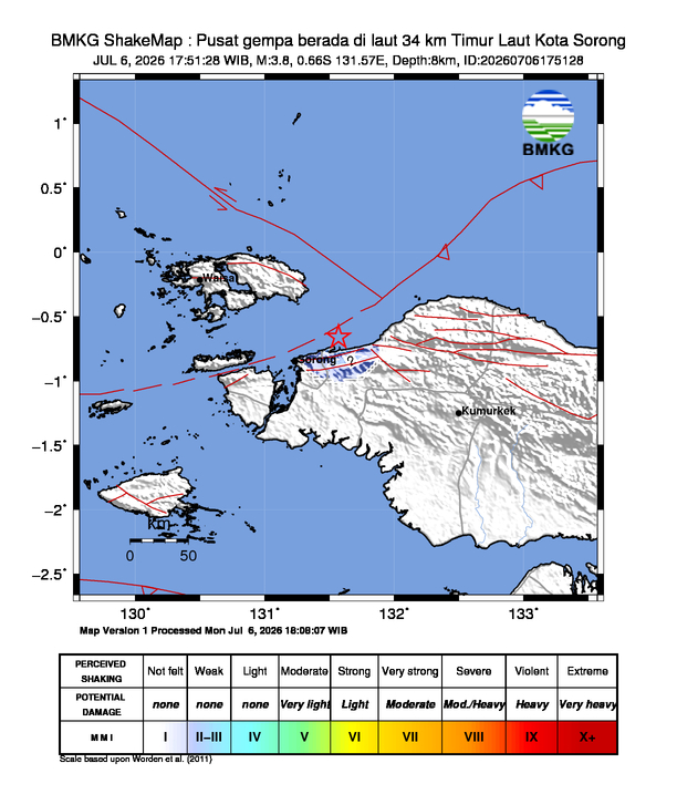Gempa Magnitudo 3.8, 34km dari Timur Laut Sorong, Papua Barat Daya